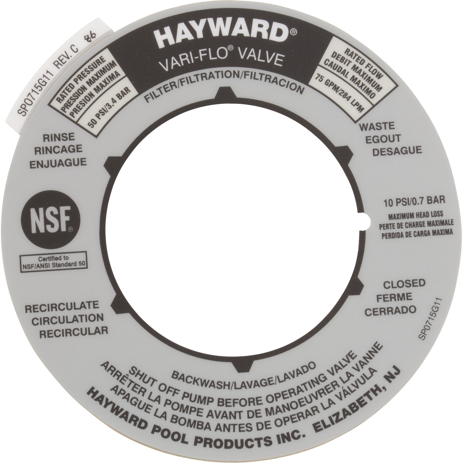 Spas & Pools SPX0715G Valve Position Label Hayward 2